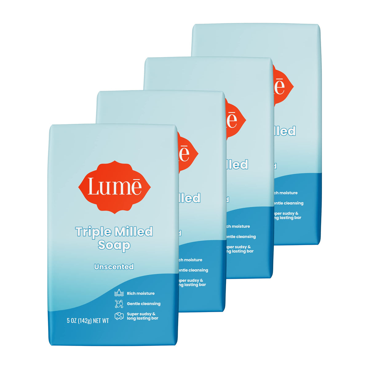 Lume triple milled bar soap close-up shows rich moisture for silky skin.