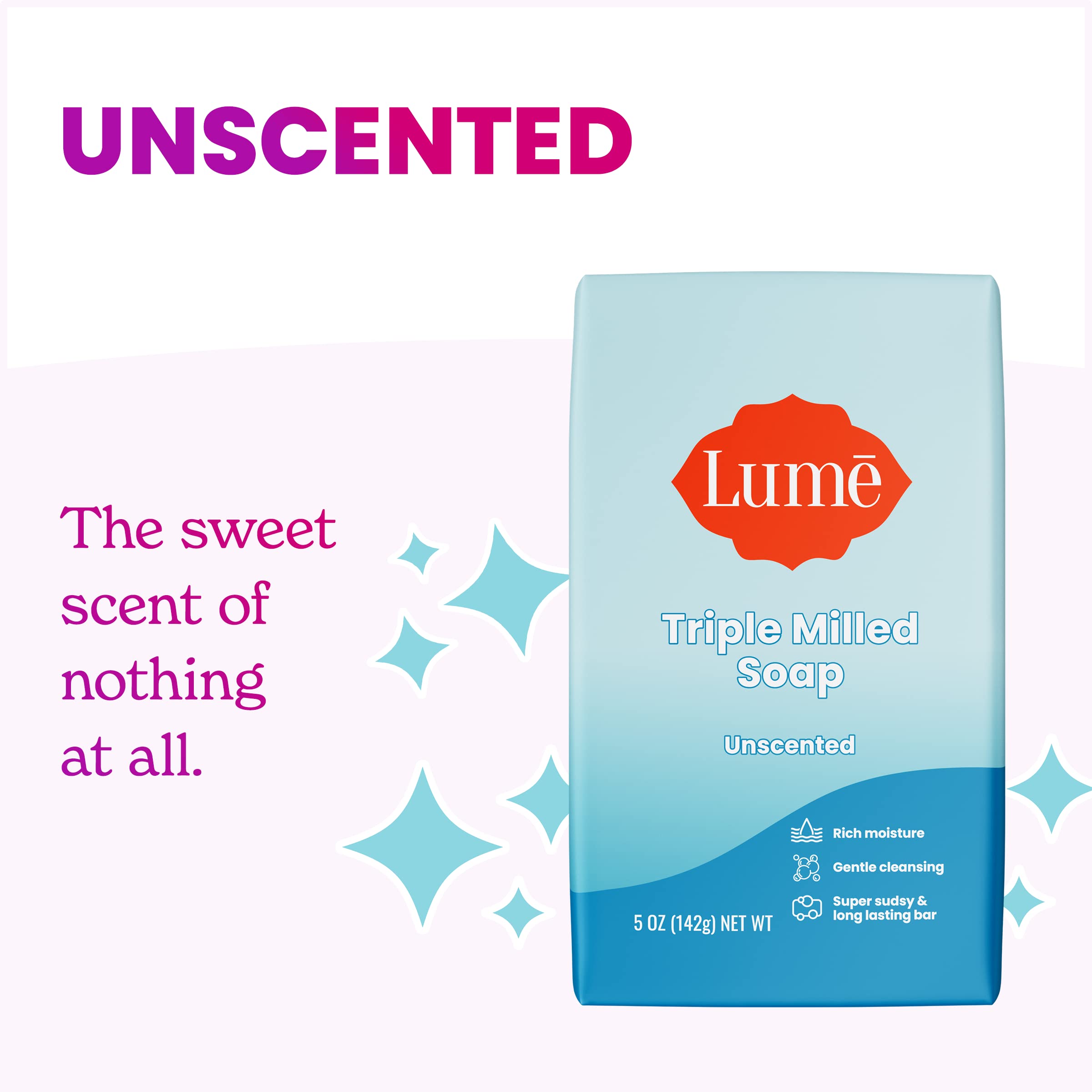 Lume unscented bar soap pack of 4 illustrates fragrance-free option for sensitive skin.