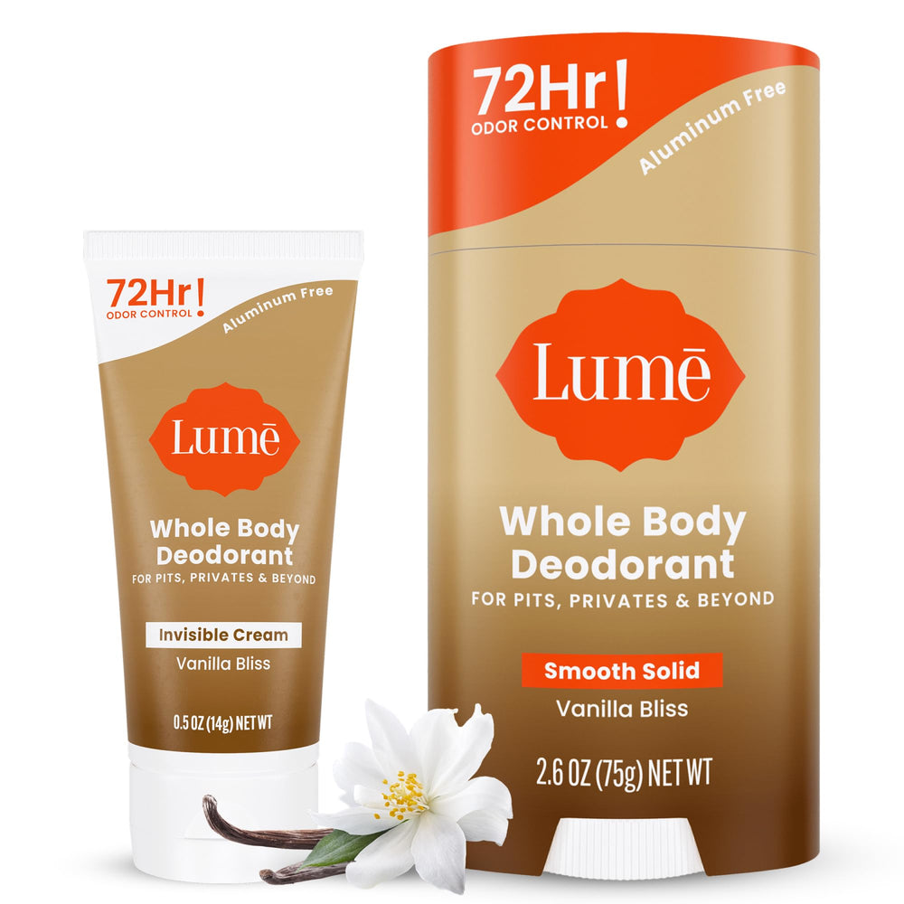 Lume Vanilla Bliss bundle packaging shows a complete deodorant duo for all-over odor control.