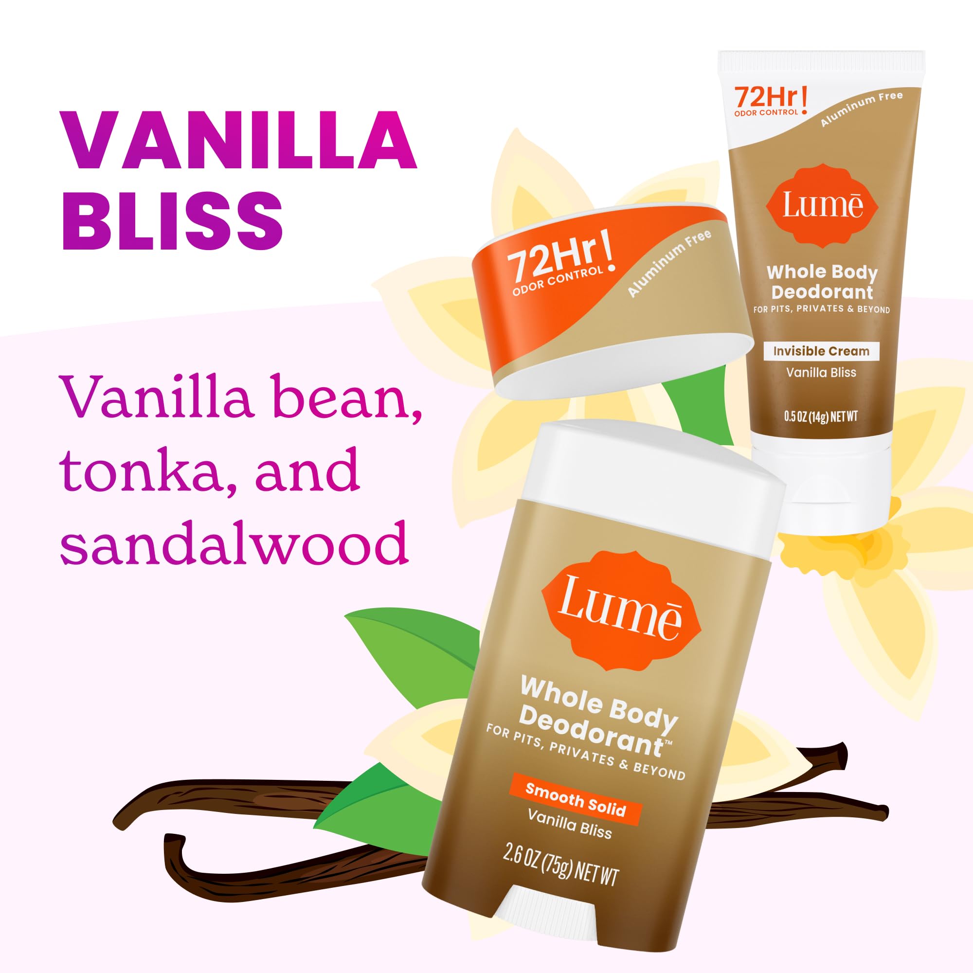 Lume Vanilla Bliss solid stick highlights quick glide and long-lasting suppression of odor.