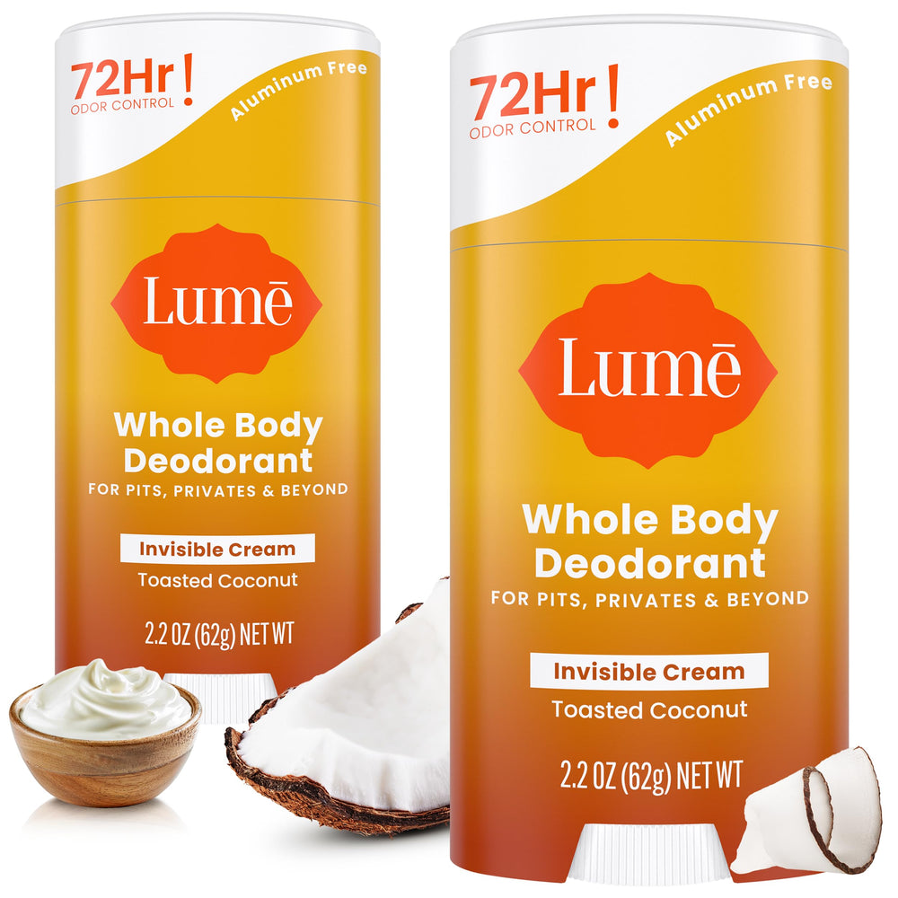 Lume whole body deodorant dual-pack packaging ready for daily use.