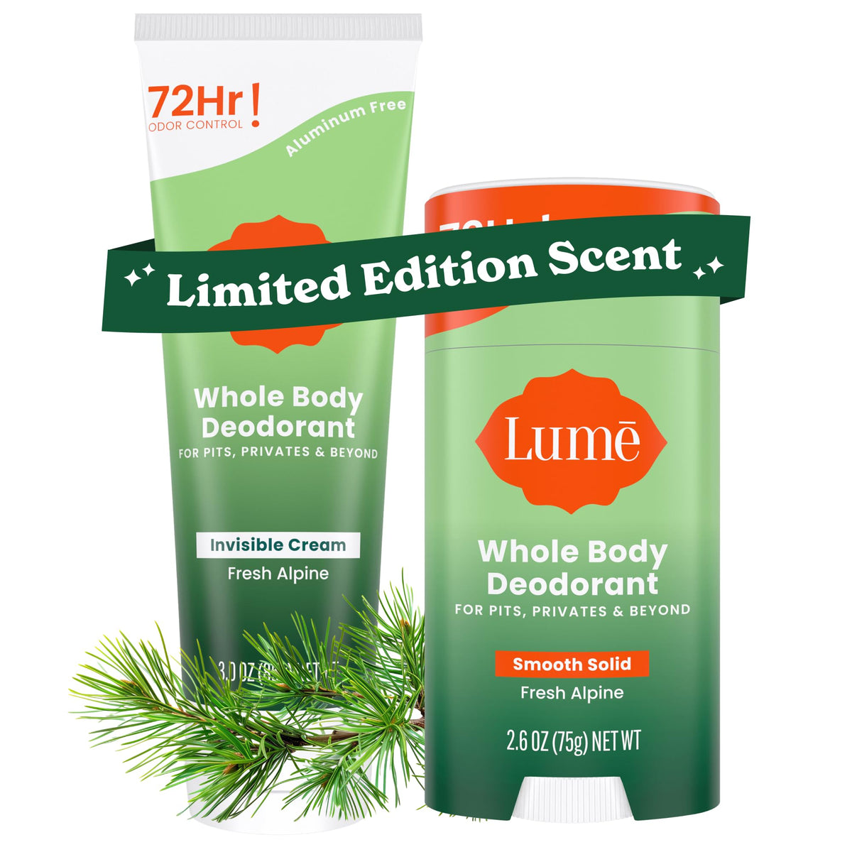 Lume Whole Body Deodorant Fresh Alpine cream tube shows all-day odor control.