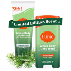 Lume Whole Body Deodorant Fresh Alpine cream tube shows all-day odor control.