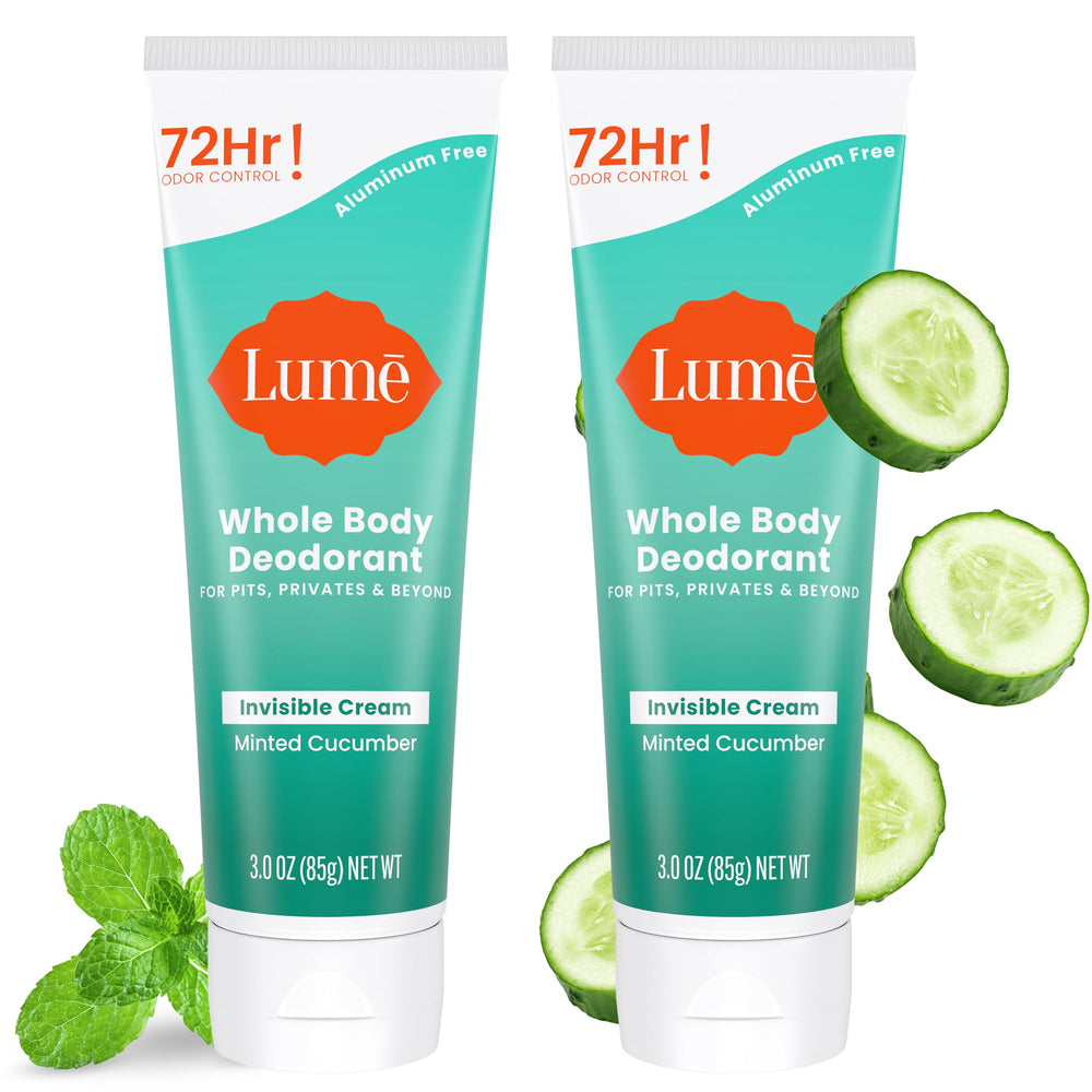 Lume whole body deodorant invisible cream tube front view in minted cucumber scent.