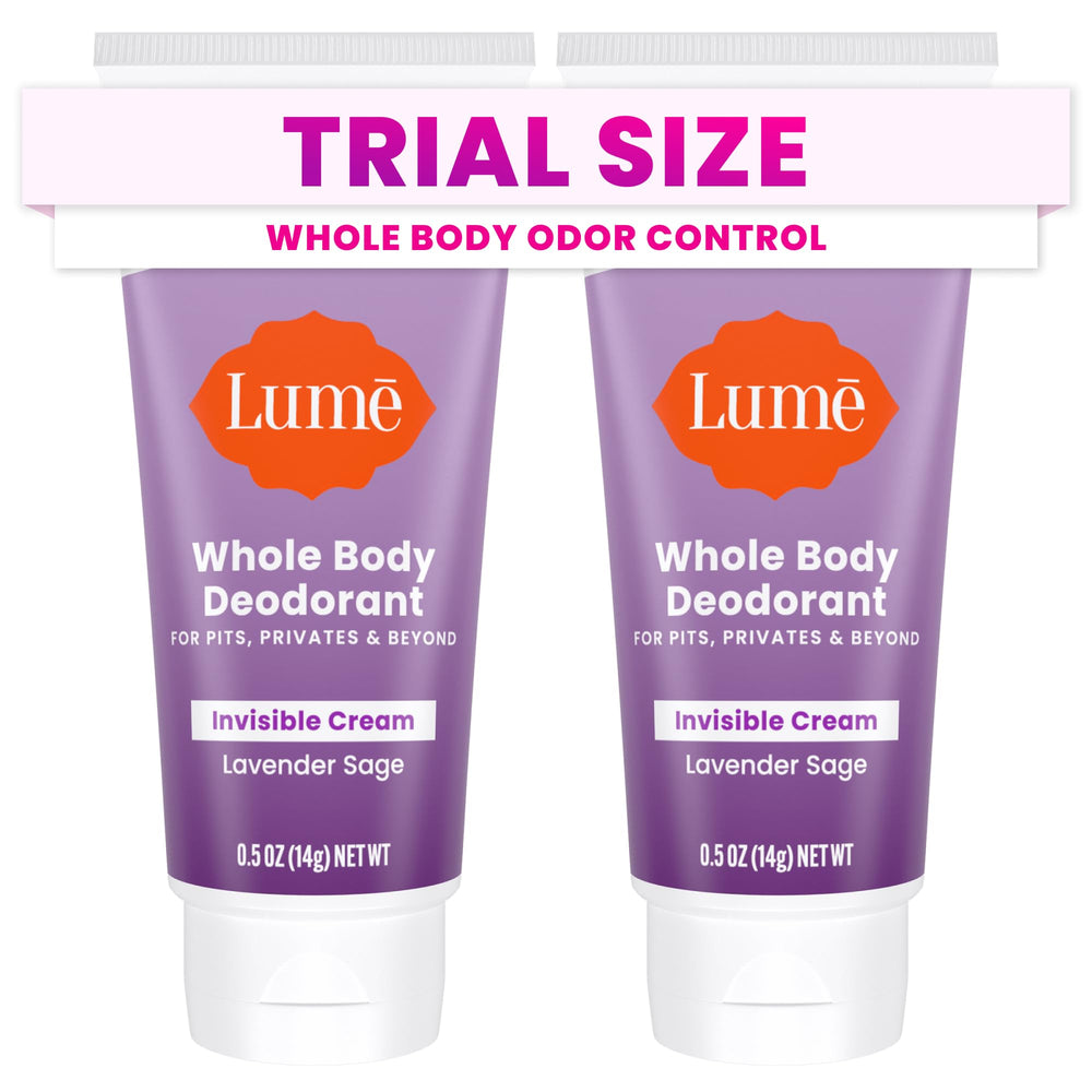 Lume Whole Body Deodorant mini travel packaging shows convenience for on-the-go odor control.