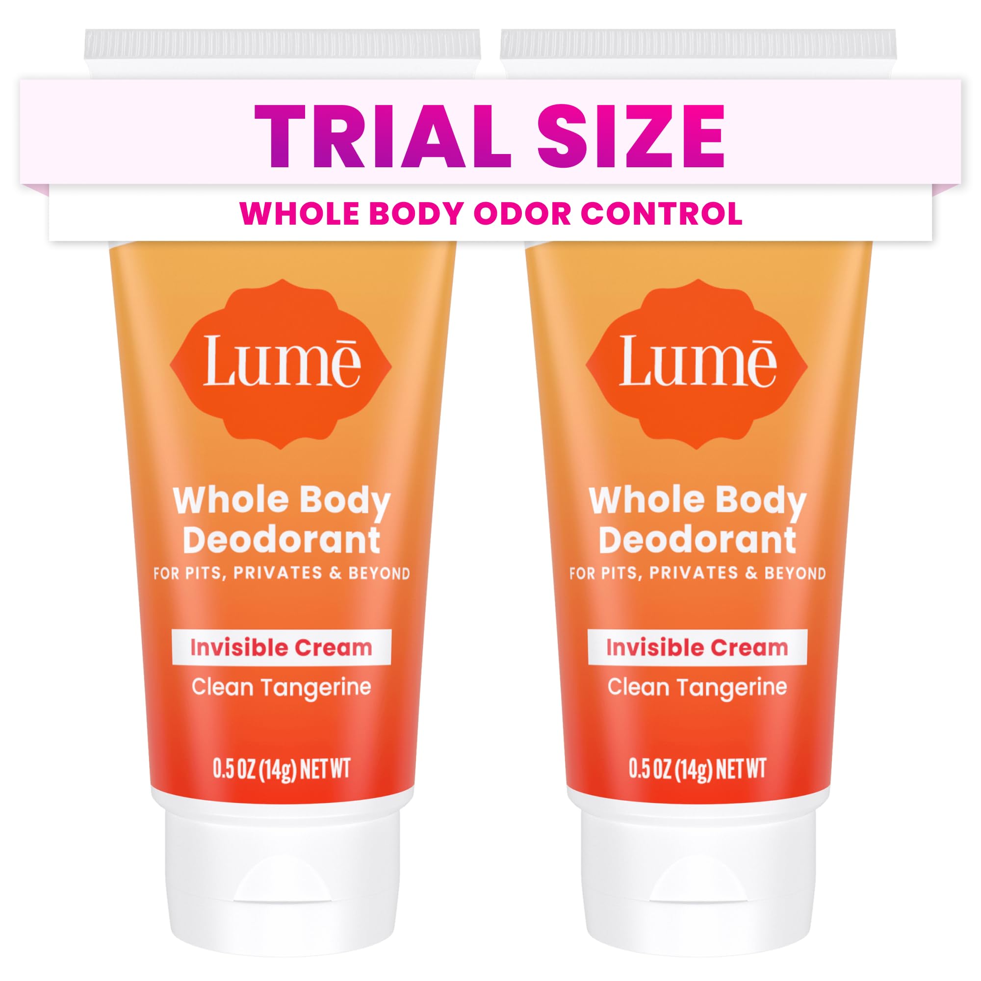 Lume Whole Body Deodorant mini tube in Clean Tangerine for all-day odor control.