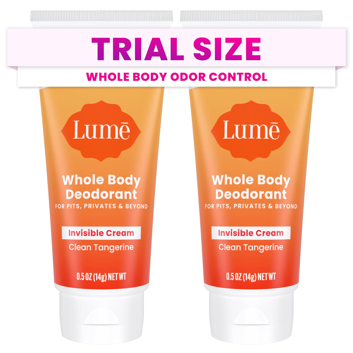 Lume Whole Body Deodorant mini tube in Clean Tangerine for all-day odor control.