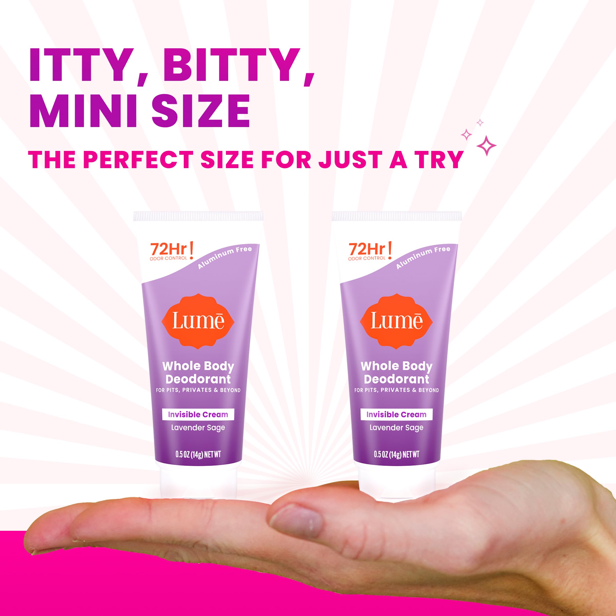 Lume mini travel-size tube closed ready for easy packing and discreet odor protection.