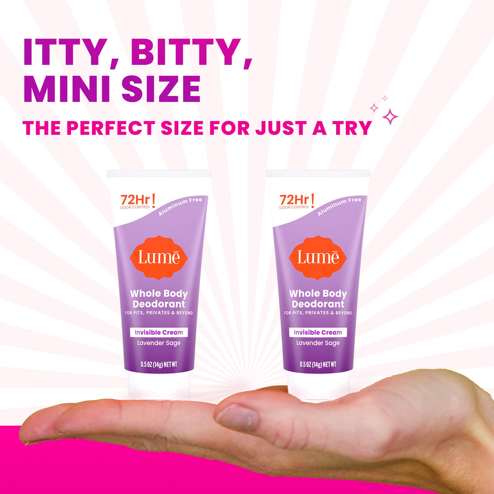 Lume mini travel-size tube closed ready for easy packing and discreet odor protection.