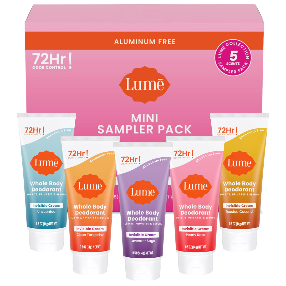 Lume whole body deodorant sampler box with five mini tubes for all-over use