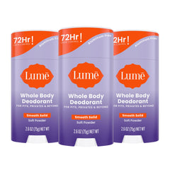 Lume Whole Body Deodorant triple-pack front view highlighting odor control