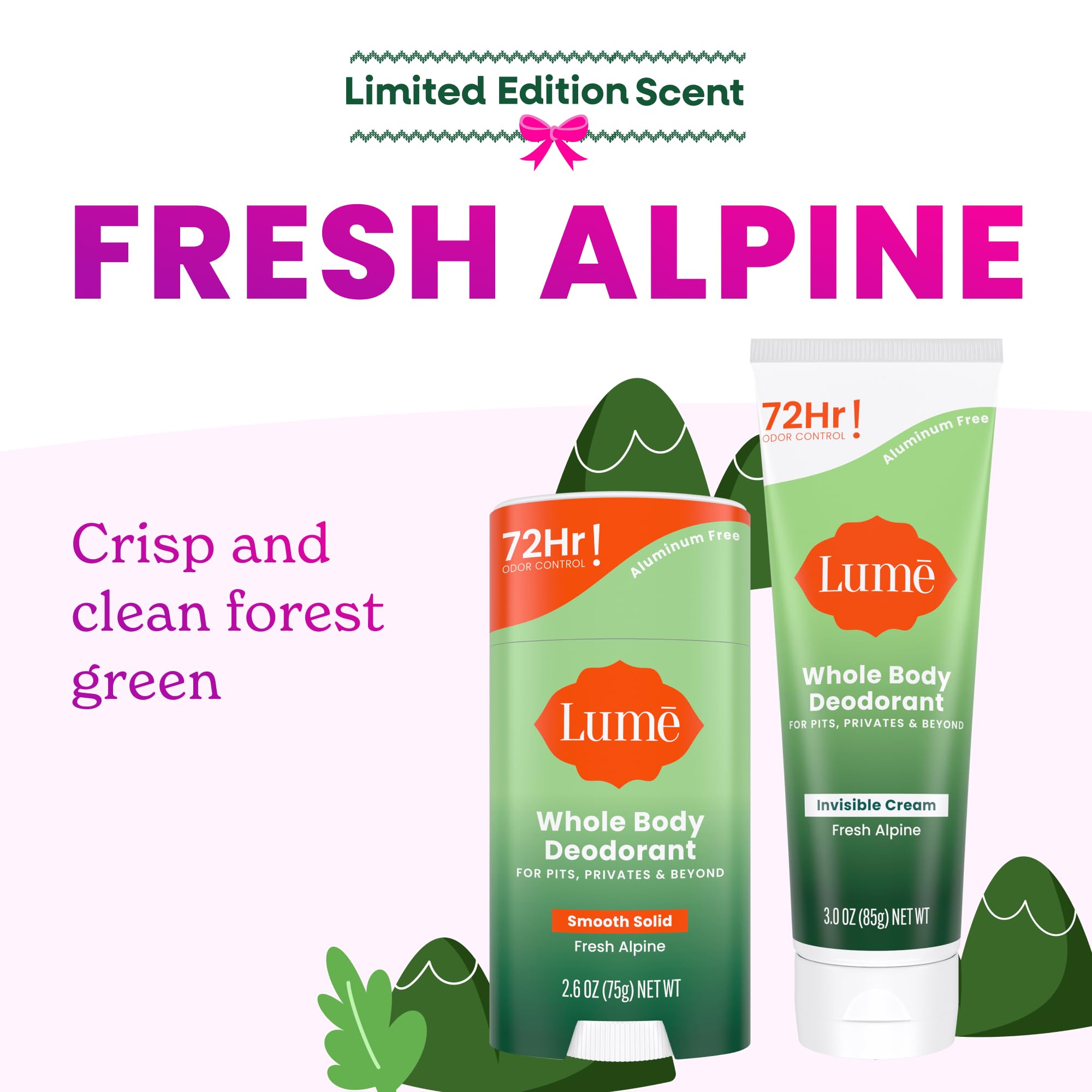 Lume Whole Body Deodorant Fresh Alpine solid stick demonstrates targeted odor protection.