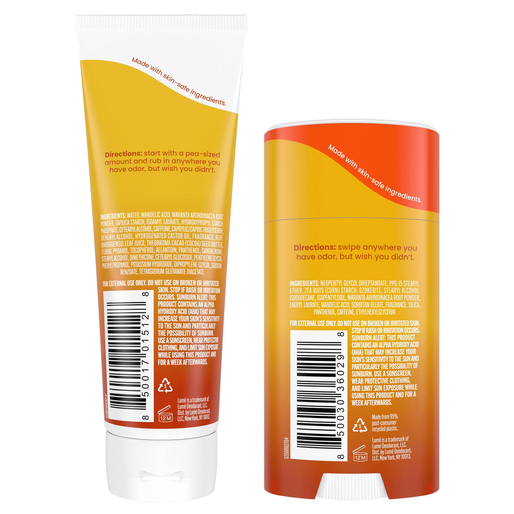 Lume solid stick deodorant applying smoothly on skin.