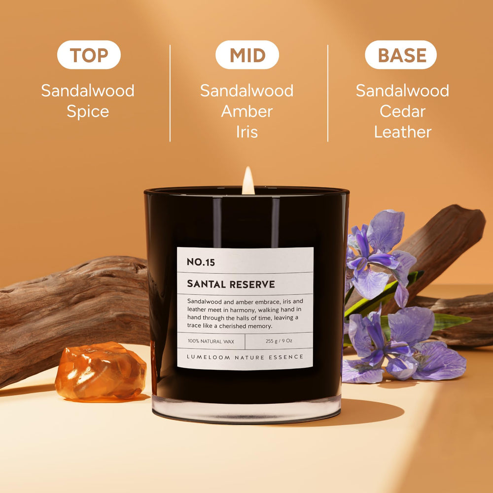 LUMELOOM Santal Reserve candle on a cozy table for warm evenings.