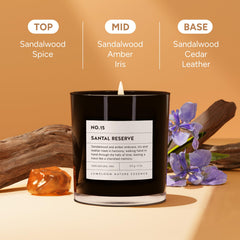 LUMELOOM Santal Reserve candle on a cozy table for warm evenings.