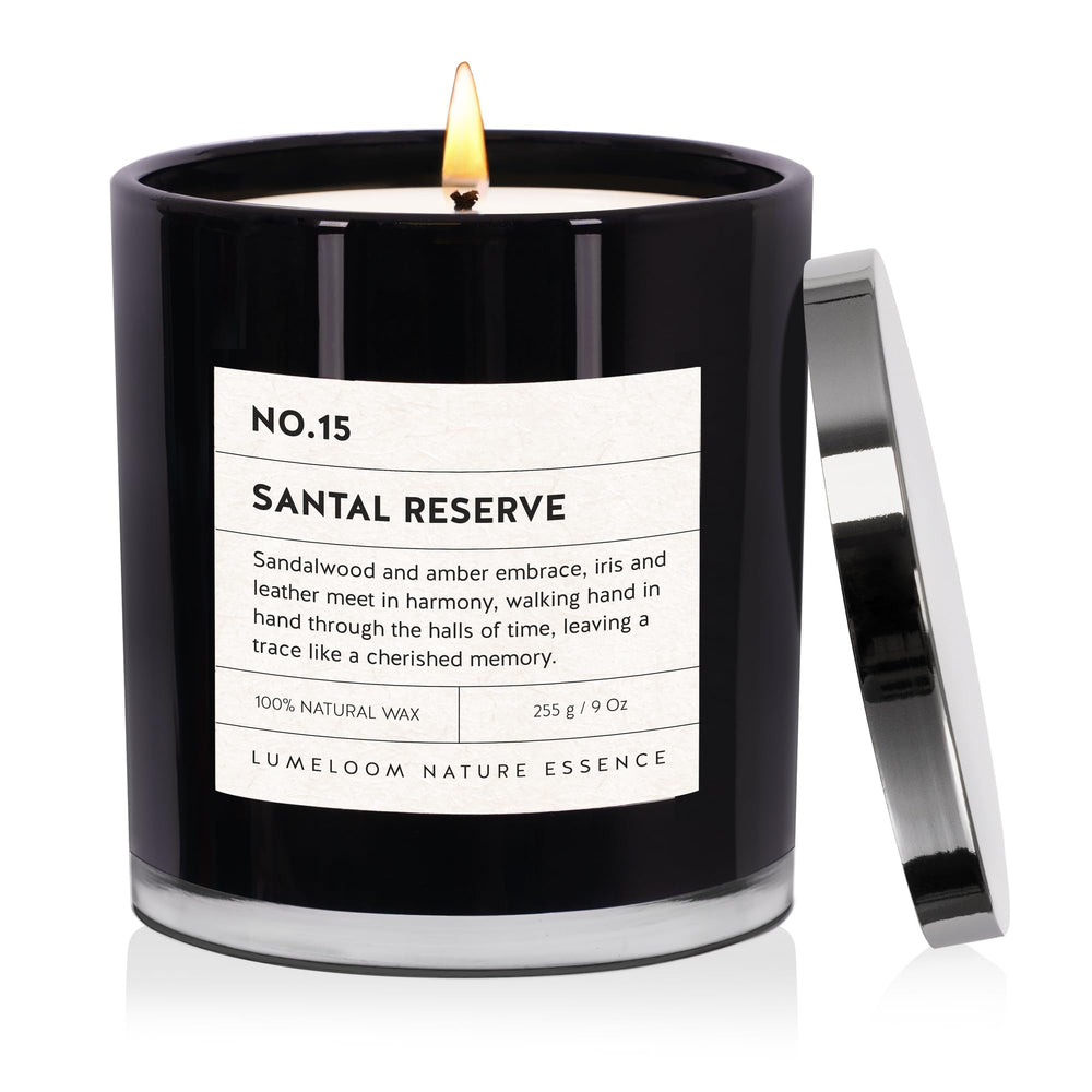 LUMELOOM Santal Reserve closeup of sandalwood amber iris blend for calming ambience.