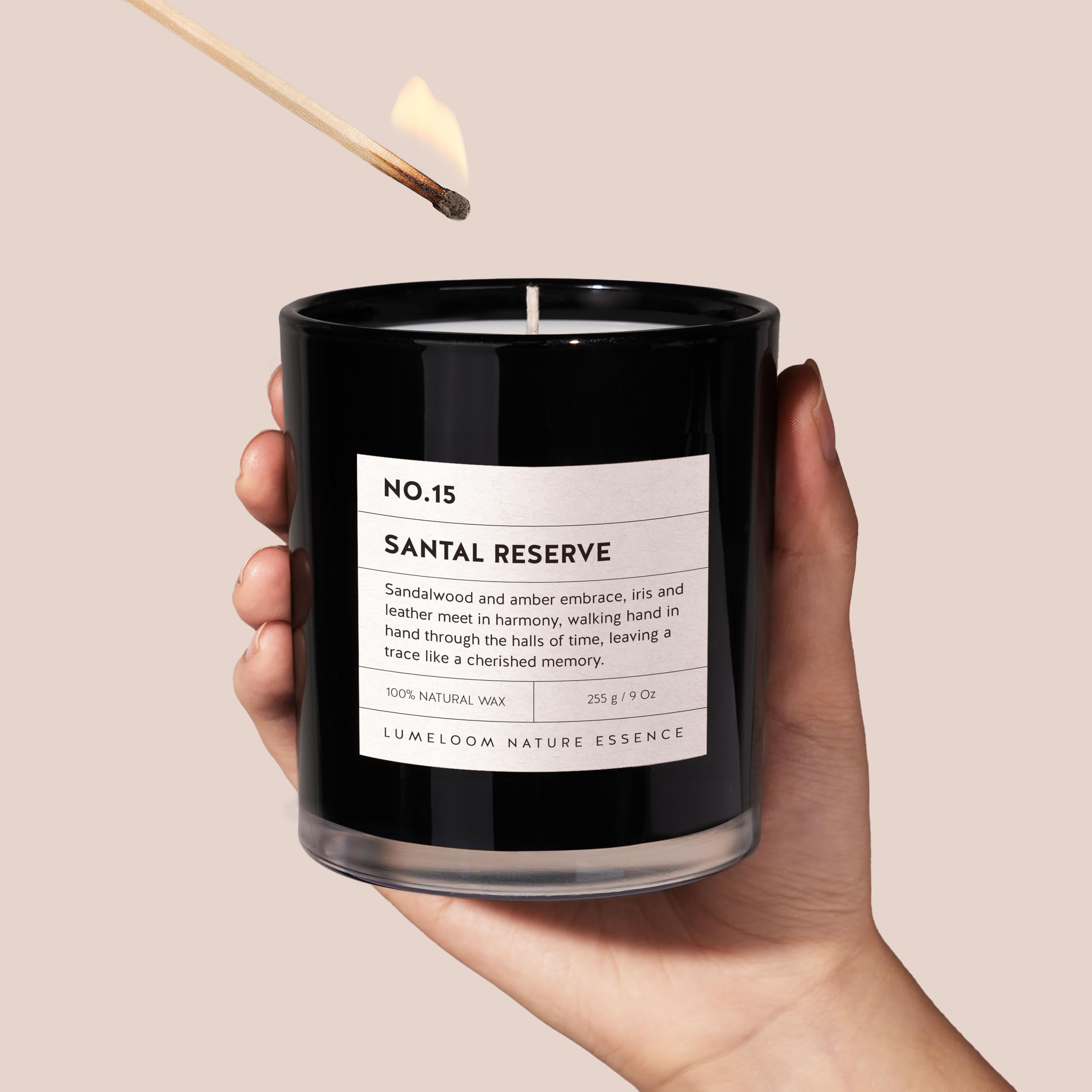 LUMELOOM Santal Reserve soy-wax ingredients highlight premium materials.