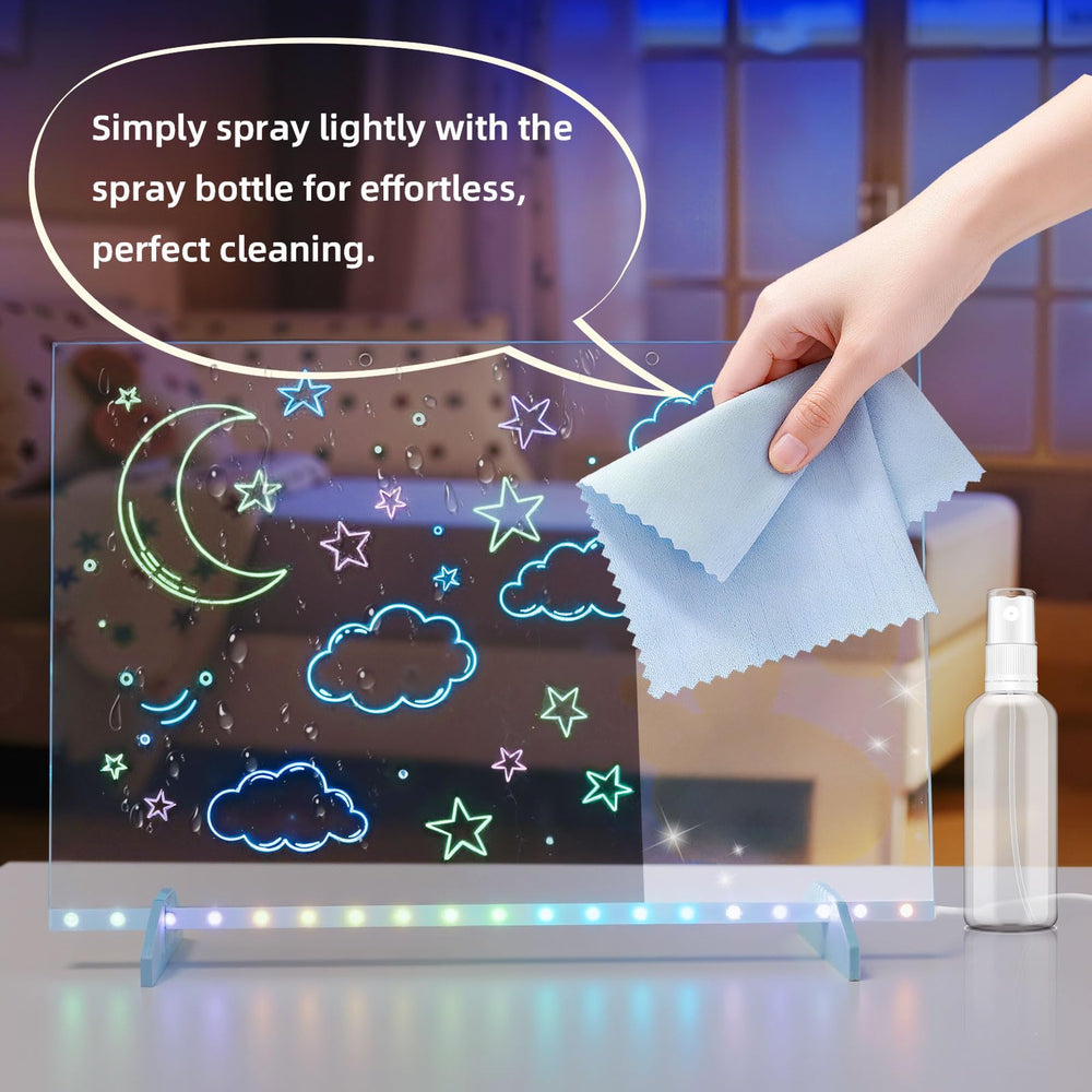 Lumiboard accessories include soft cloth and spray bottle for quick cleanup