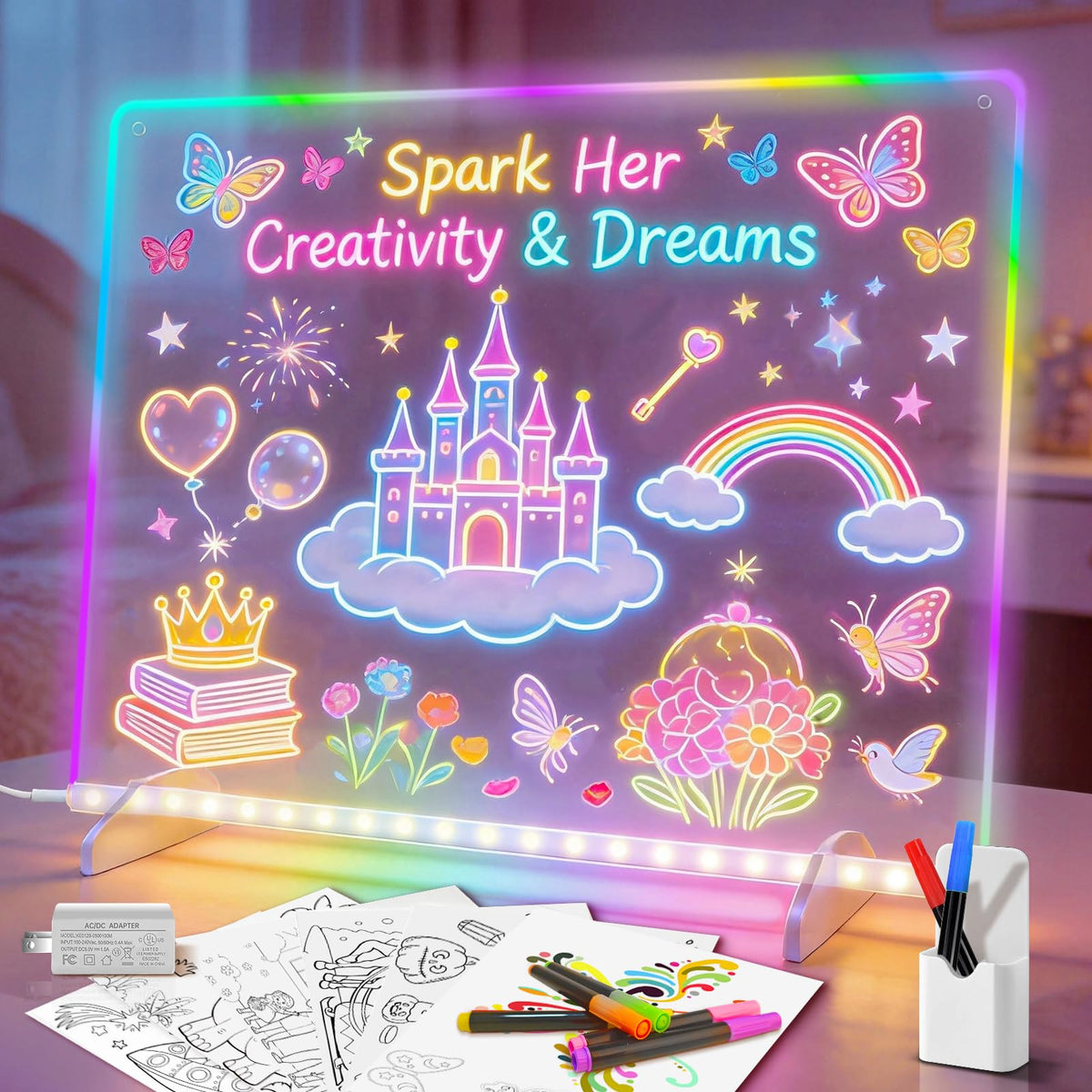 Lumiboard LED drawing board front view with glowing colors for creative play