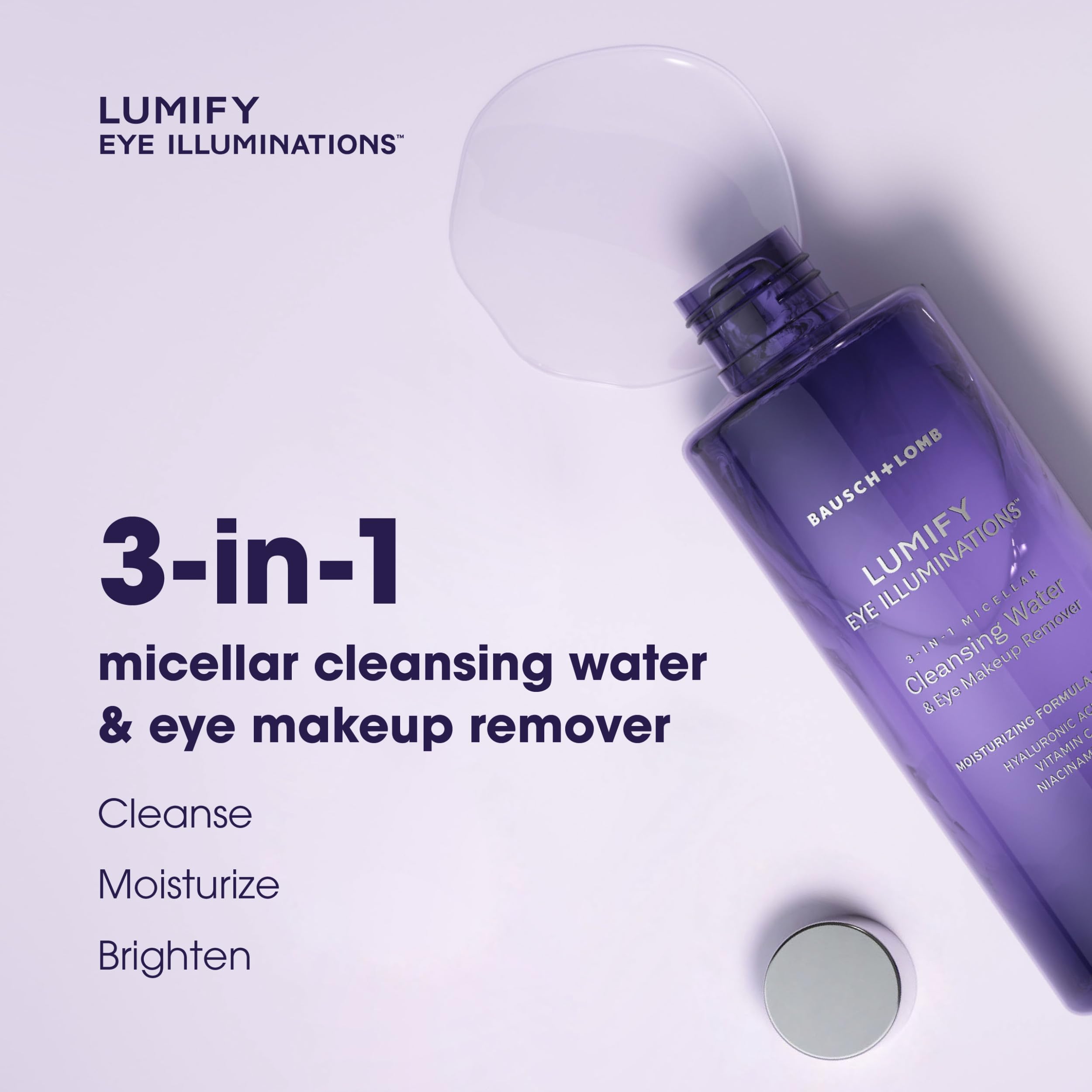 Lumify micellar water application on cotton showing gentle around-eye cleansing