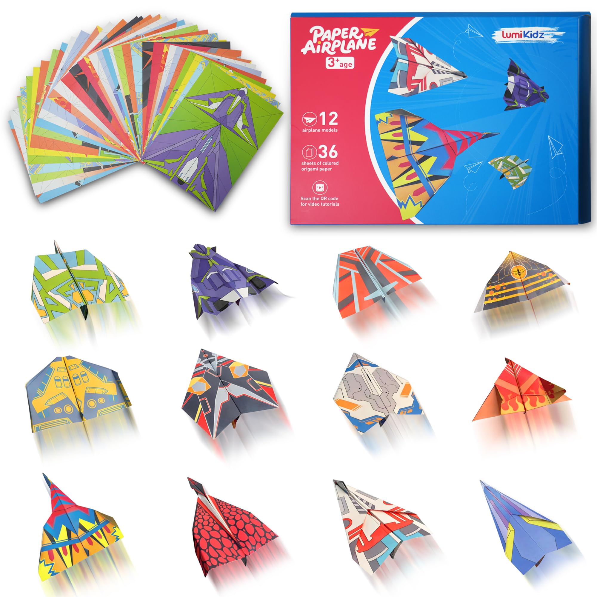 Lumikidz paper airplane origami kit with 12 designs for kids