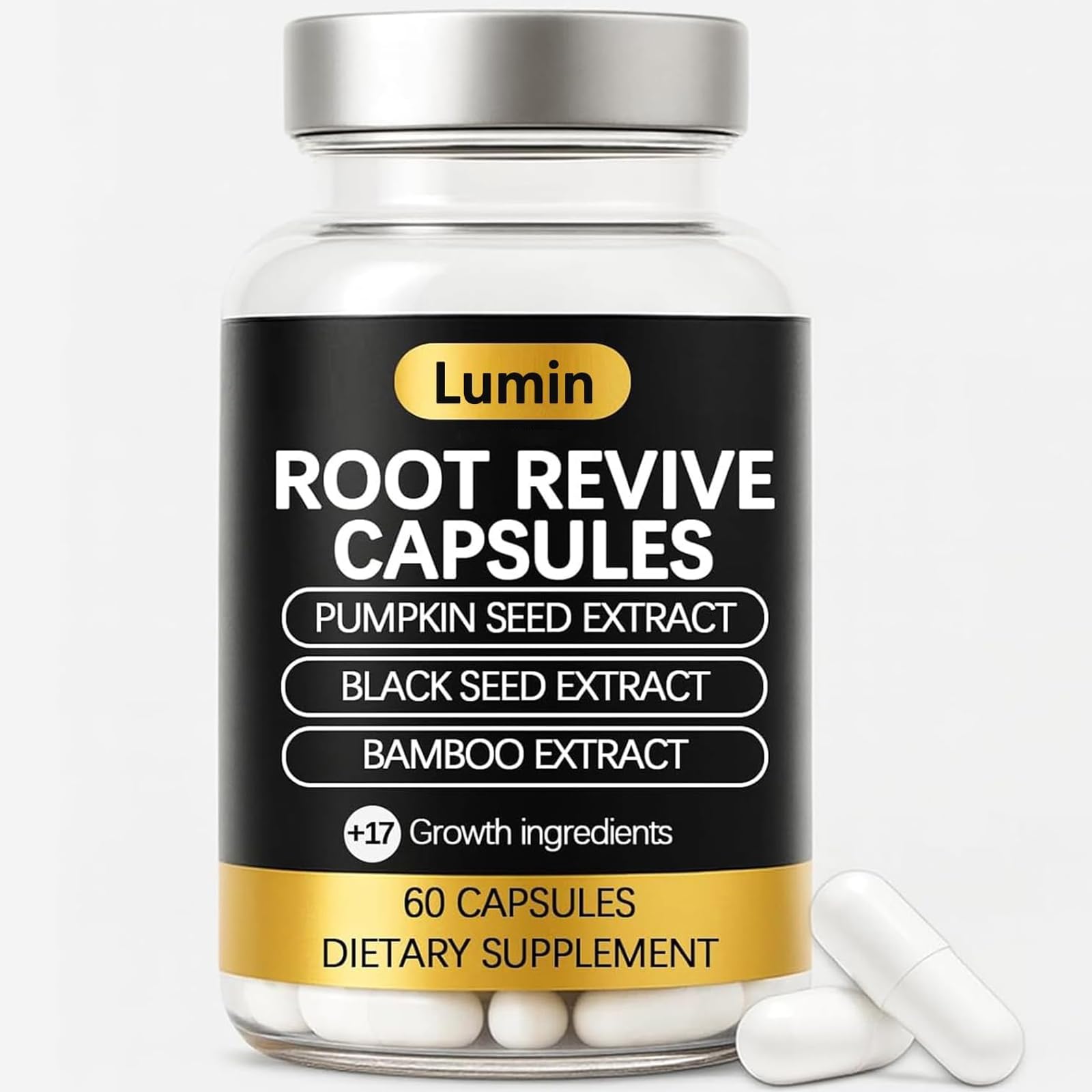 Lumin Root Revive capsules bottle promotes scalp health and stronger hair