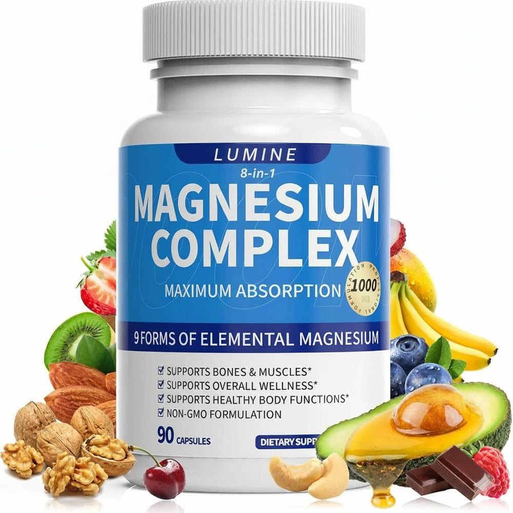 Lumine Magnesium Complex bottle showing eight-form blend for daily mineral balance