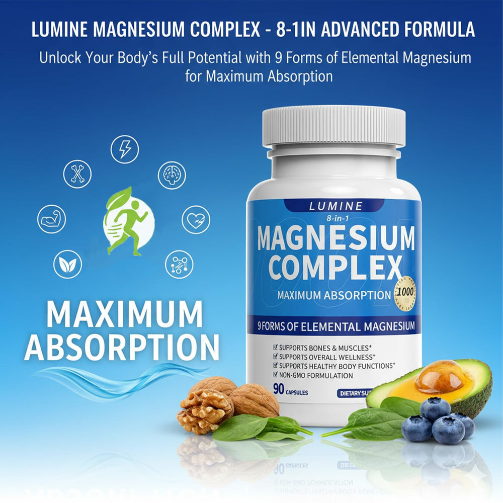Lumine Magnesium Complex nutrition label, non-GMO and gluten-free ingredients