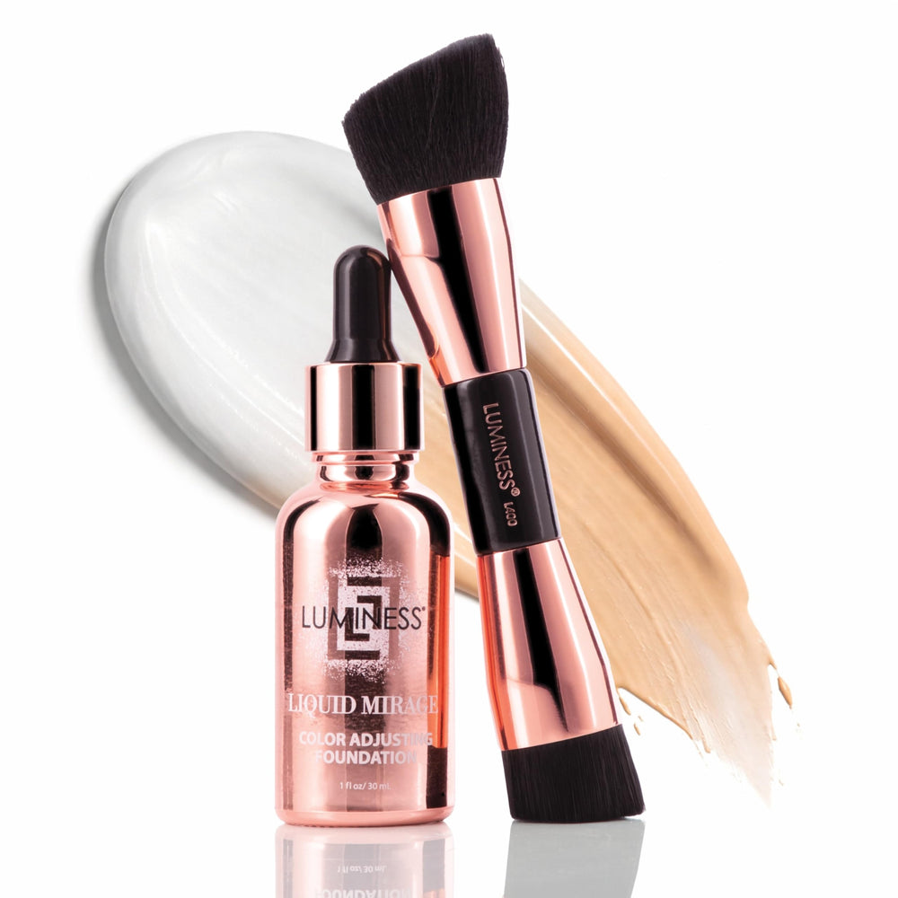 LUMINESS Liquid Mirage bottle close-up showing color-changing foundation for a seamless match
