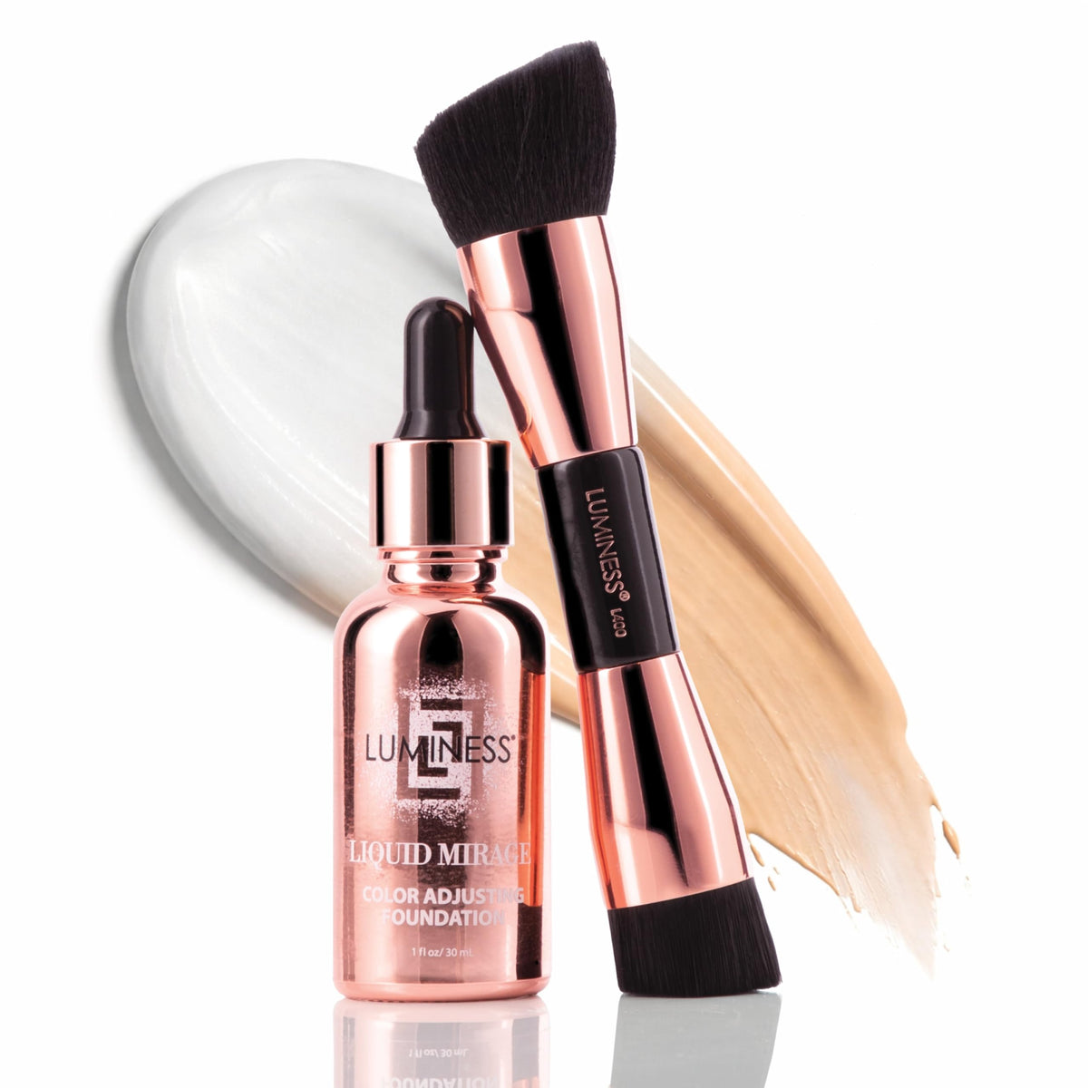 LUMINESS Liquid Mirage bottle close-up showing color-changing foundation for a seamless match