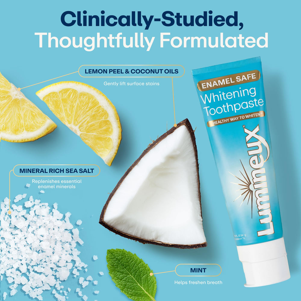 Lumineux enamel-safe formula highlights SLS-free and no artificial colors.