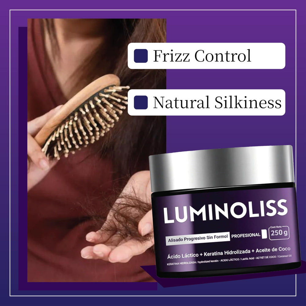 LuminoLiss hydrolyzed keratin ingredients close-up emphasizing strengthening care