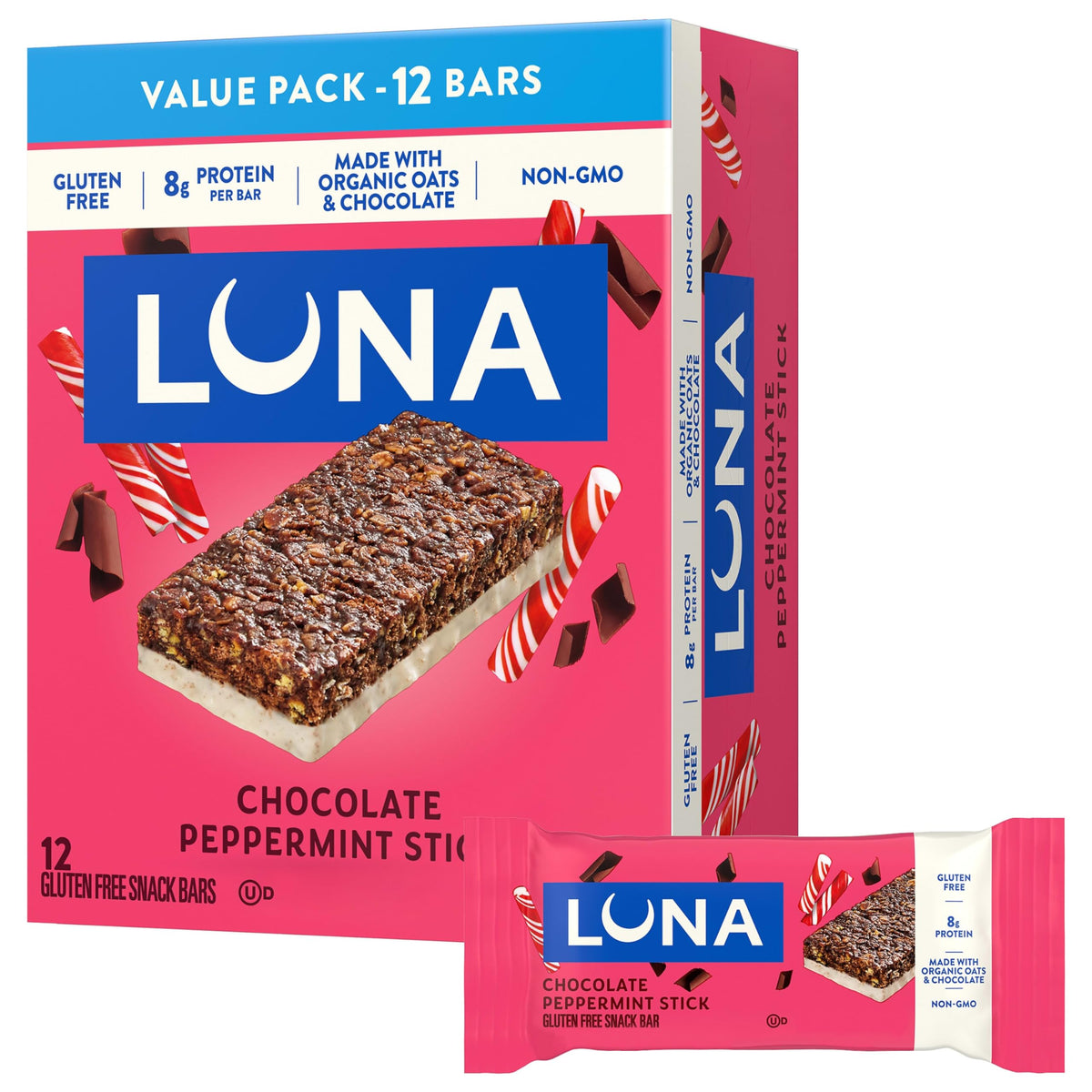LUNA Bar Chocolate Peppermint Stick front view for on the go protein boost.