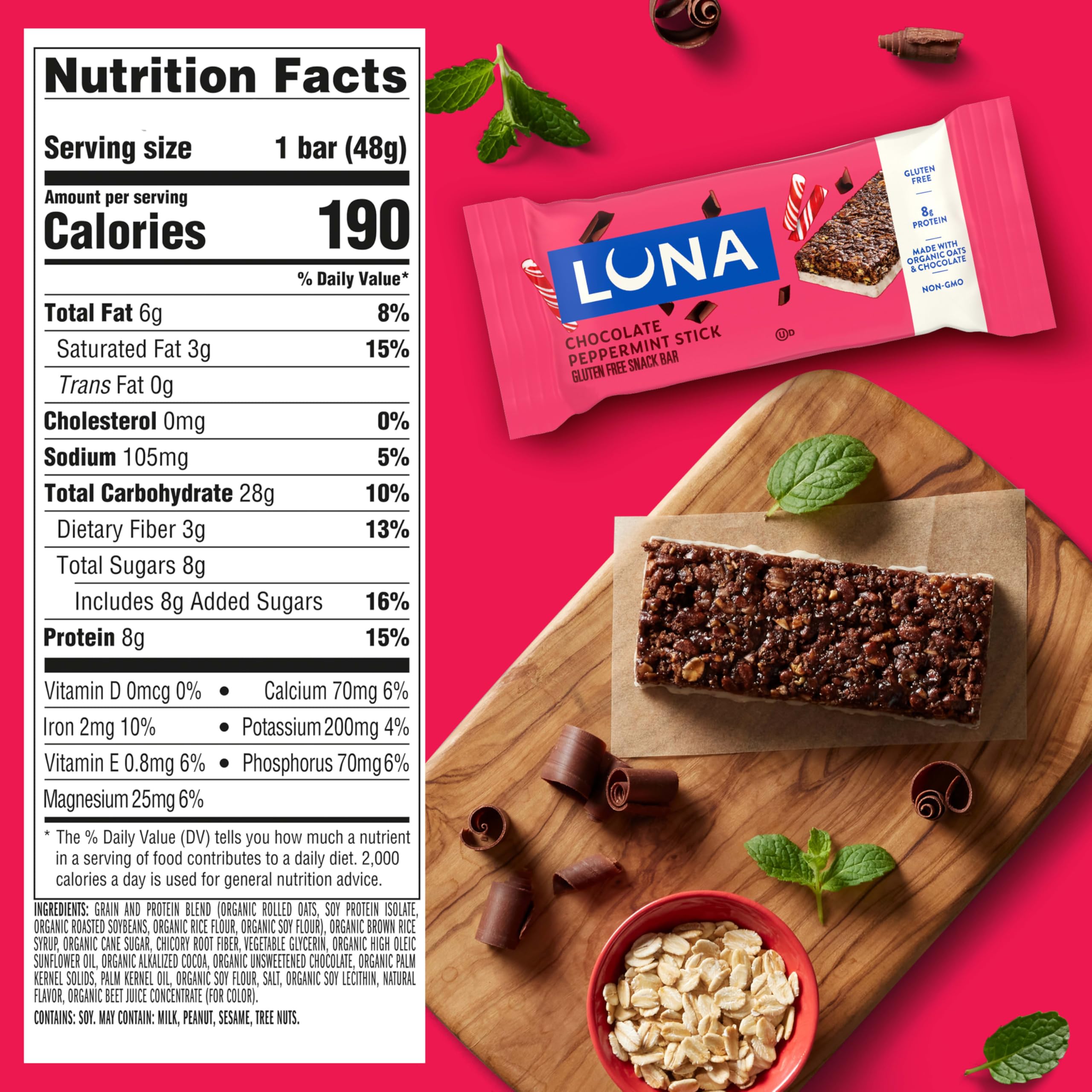 LUNA Bar Chocolate Peppermint Stick unwrapped showing creamy coating and oats.