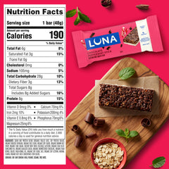 LUNA Bar Chocolate Peppermint Stick unwrapped showing creamy coating and oats.