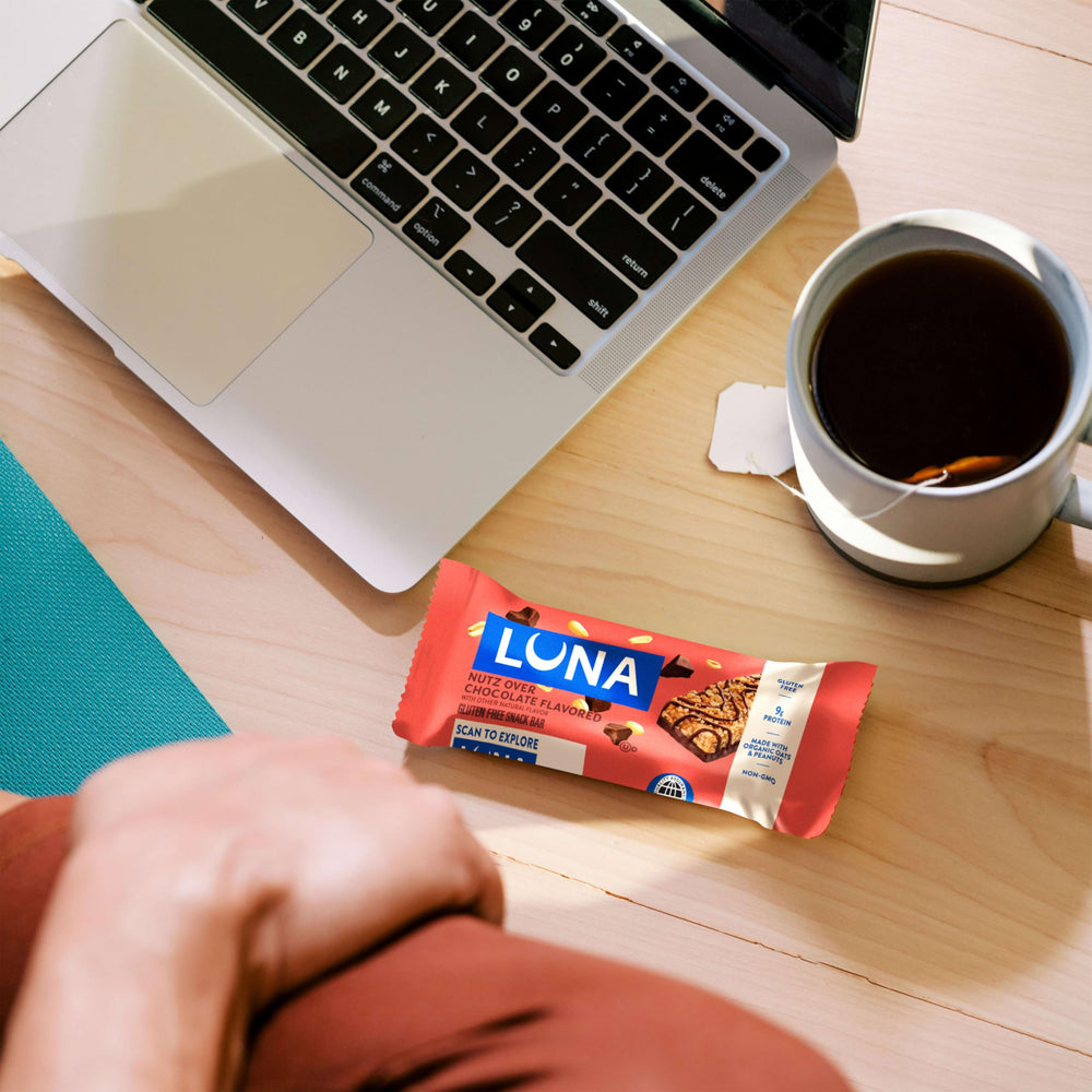 Luna Bar gluten-free non-GMO label visible.