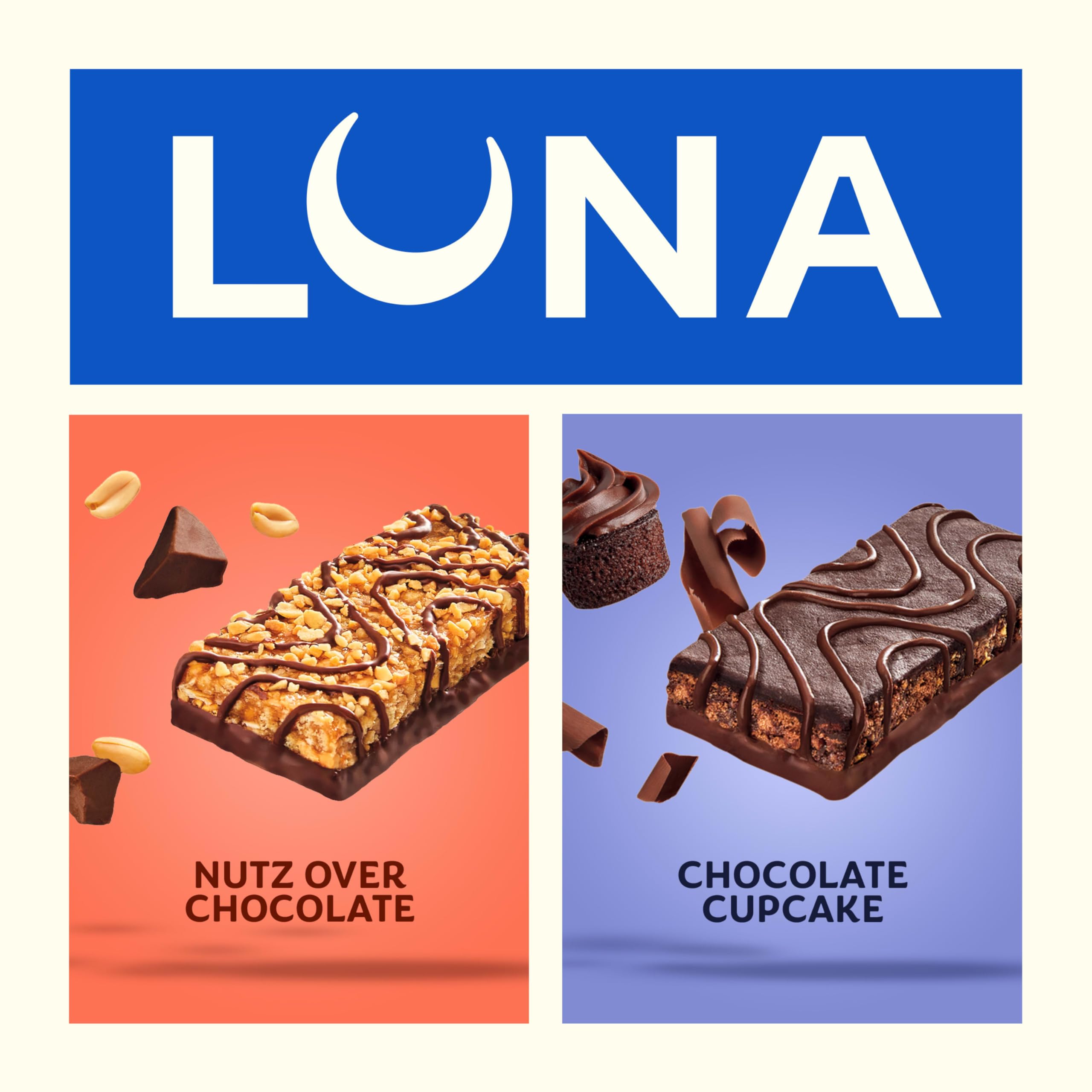 Luna Bar Nutz Over Chocolate bar closeup, organic oats texture.