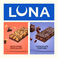 Luna Bar Nutz Over Chocolate bar closeup, organic oats texture.