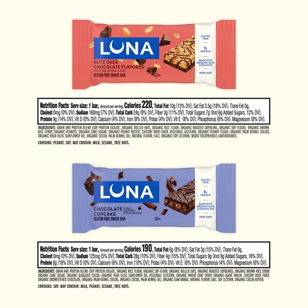 Luna Bar variety-pack Nutz Over Chocolate packaging, ideal for office snacking.