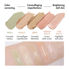 LUNA Conceal Blender Palette shade swatches showing five correcting tones for customization.