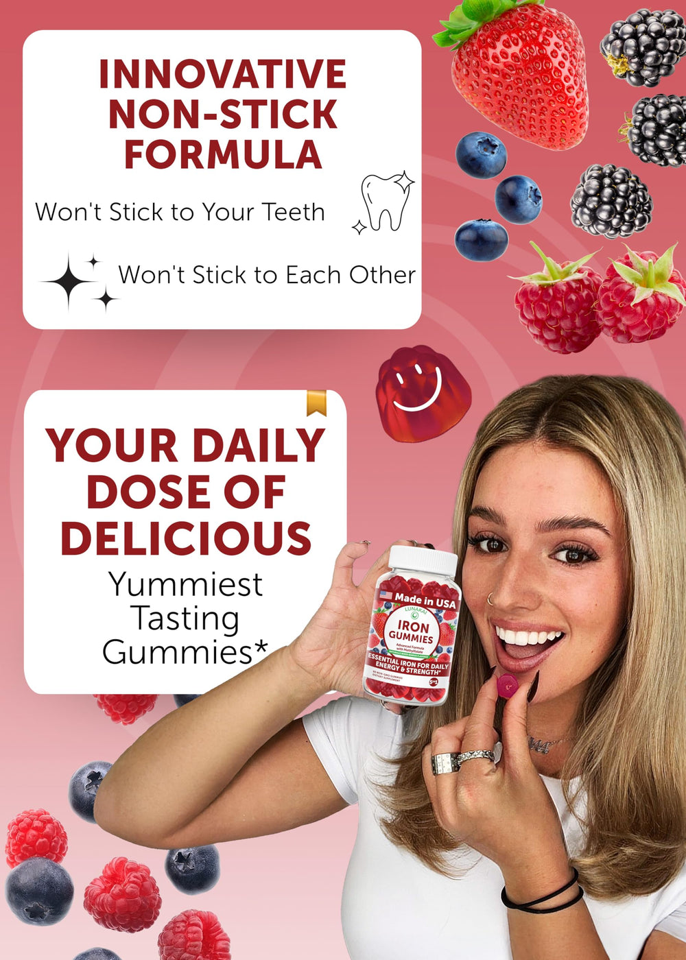Lunakai 5-in-1 iron gummies label closeup shows methylfolate and B12