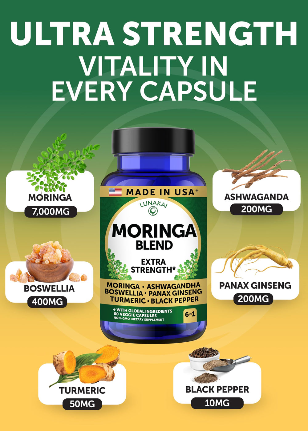 Lunakai ashwagandha-ginseng-turmeric-blend image suggests natural energy without caffeine.