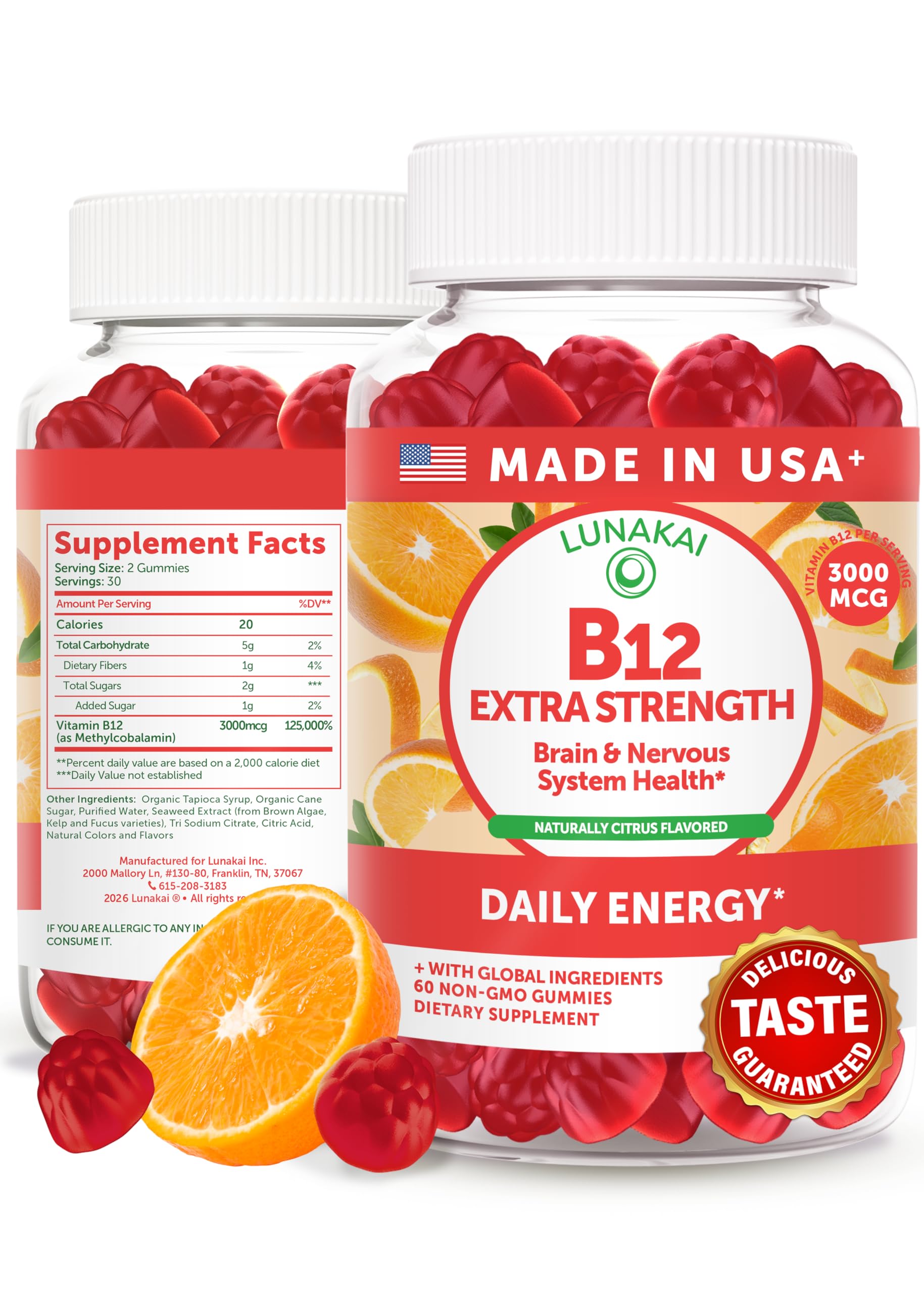 Lunakai B12 gummies bottle closeup highlighting natural energy support.