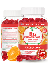 Lunakai B12 gummies bottle closeup highlighting natural energy support.