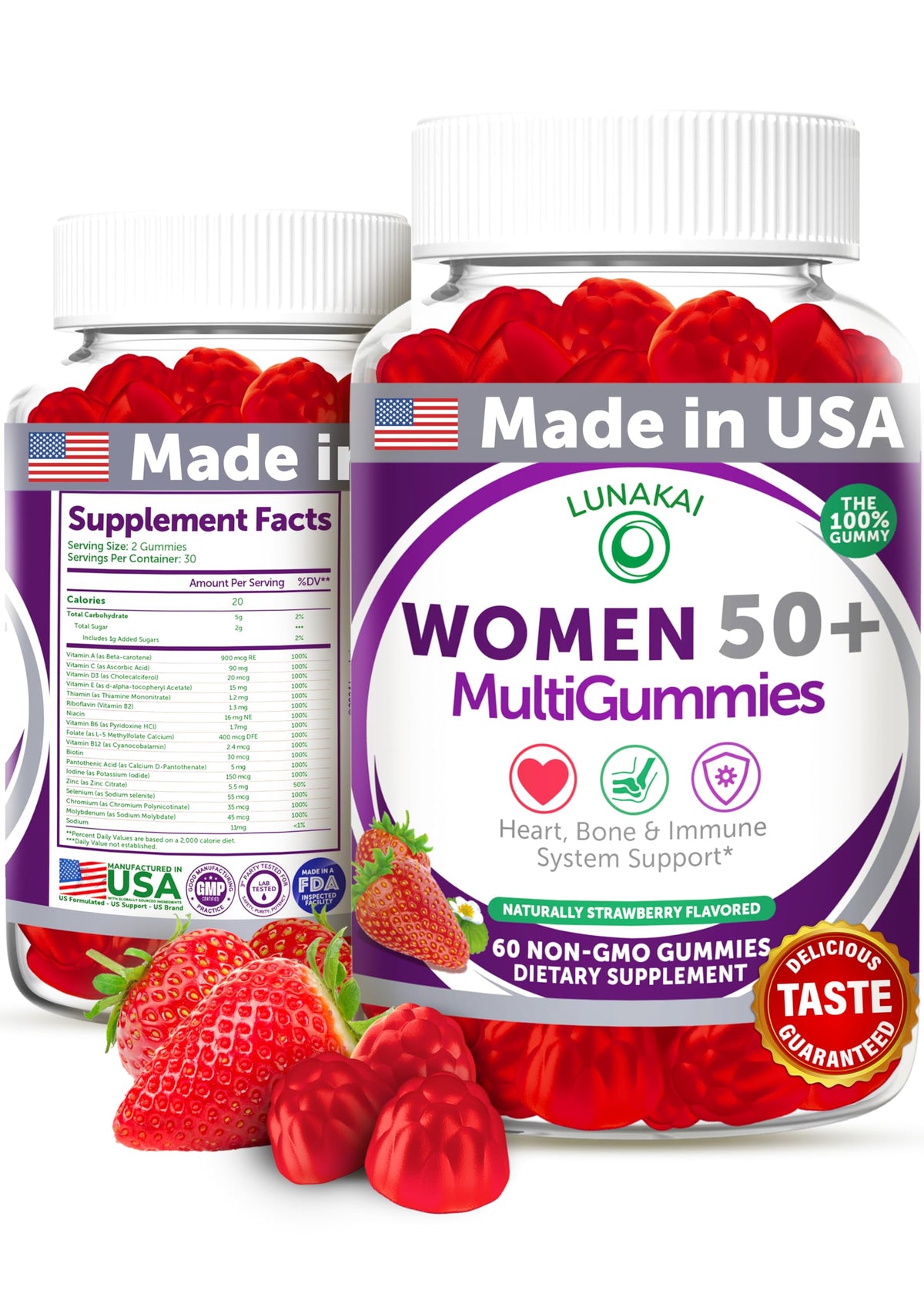 Lunakai bottle pouring strawberry gummies for daily energy support