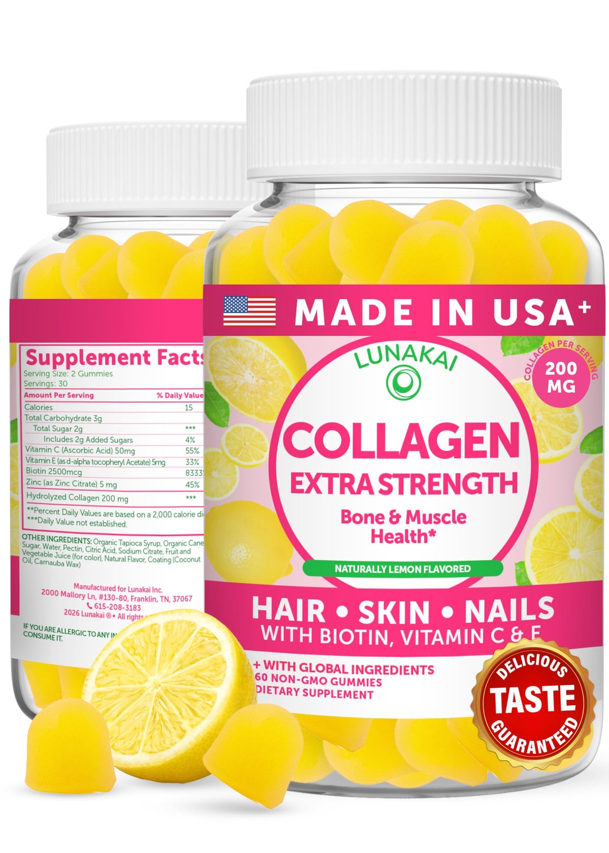 Lunakai collagen gummies bottle front showing non-GMO formula for hair, skin and nails