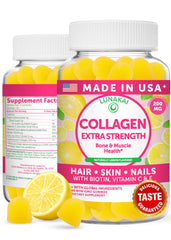 Lunakai collagen gummies bottle front showing non-GMO formula for hair, skin and nails