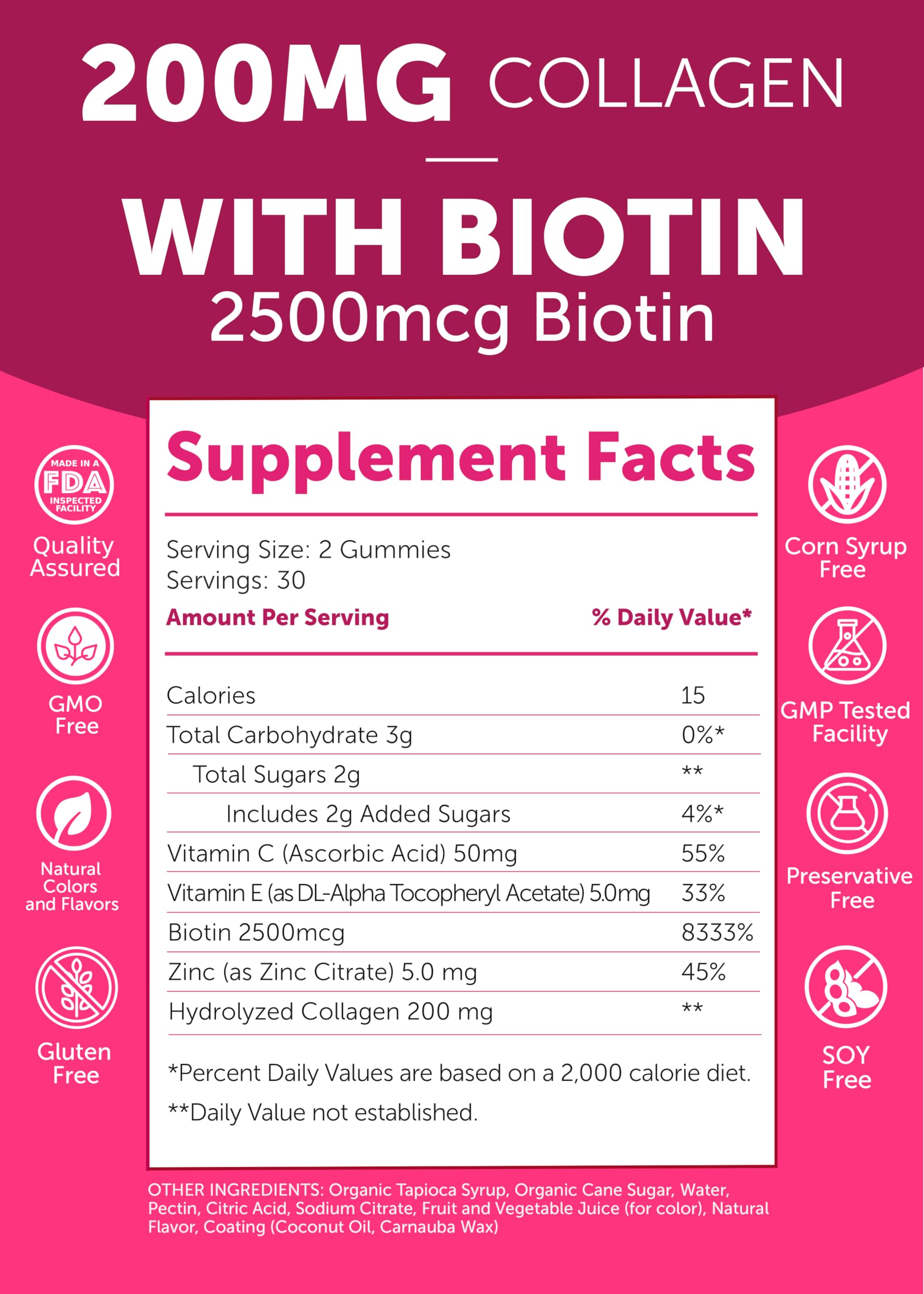 Lunakai collagen gummies panel lists biotin, zinc, vitamins C & E for daily nourishment