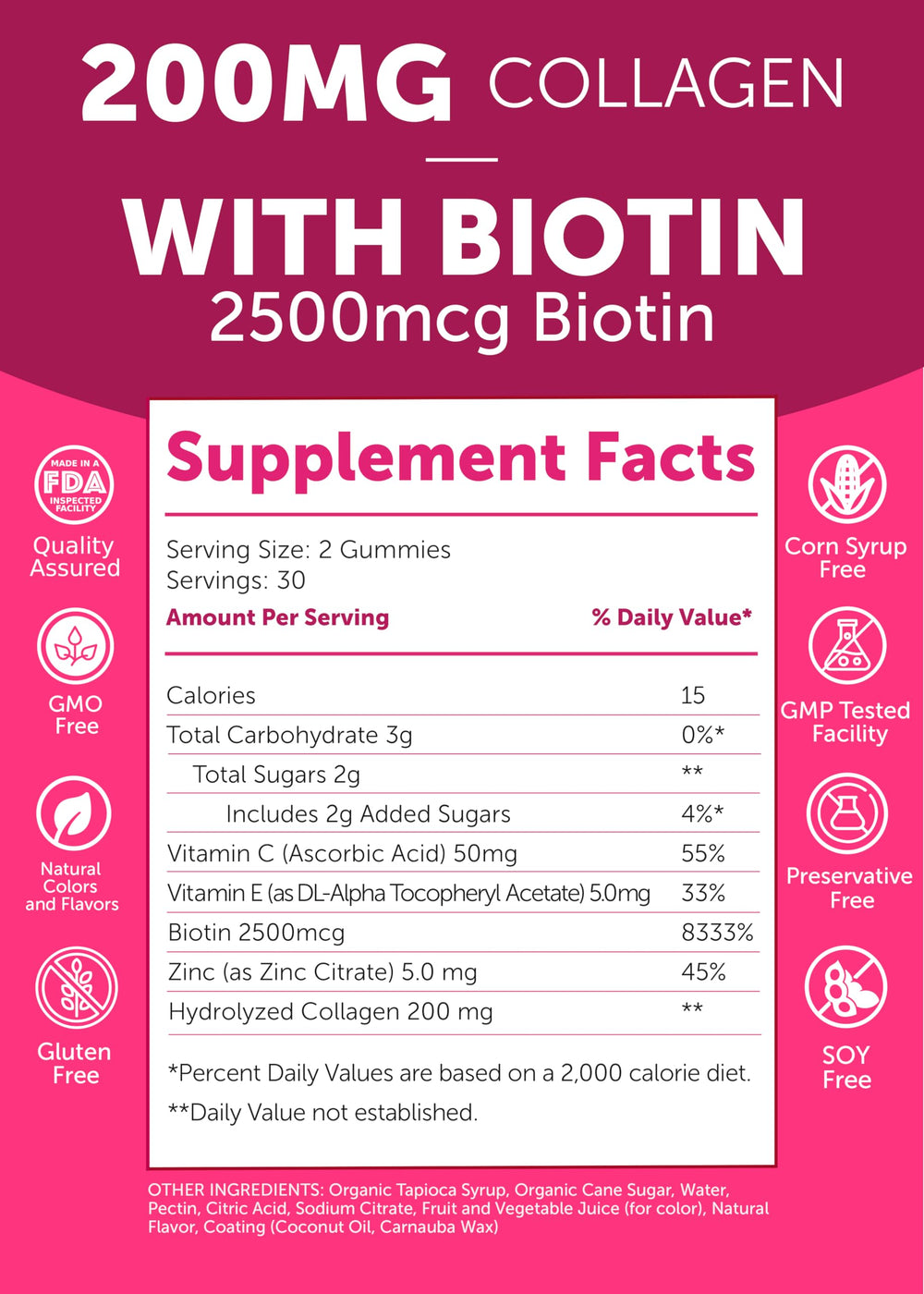 Lunakai collagen gummies panel lists biotin, zinc, vitamins C & E for daily nourishment