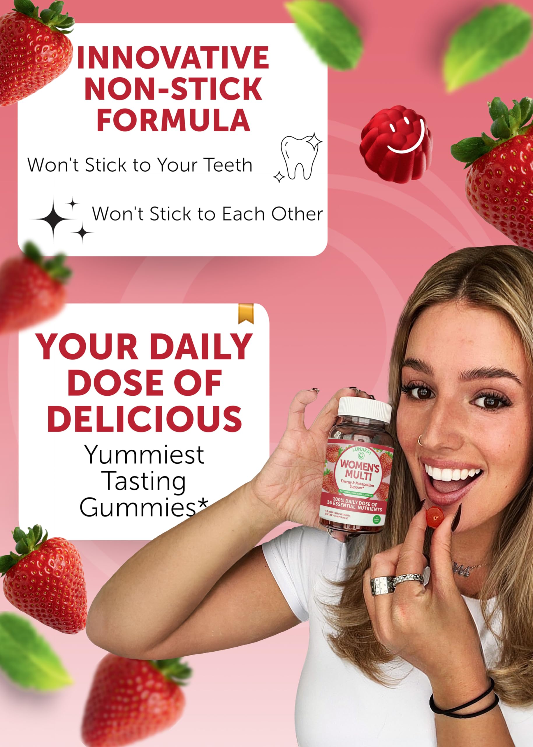 Lunakai gummy texture close-up demonstrates soft, easy-to-chew vitamins.